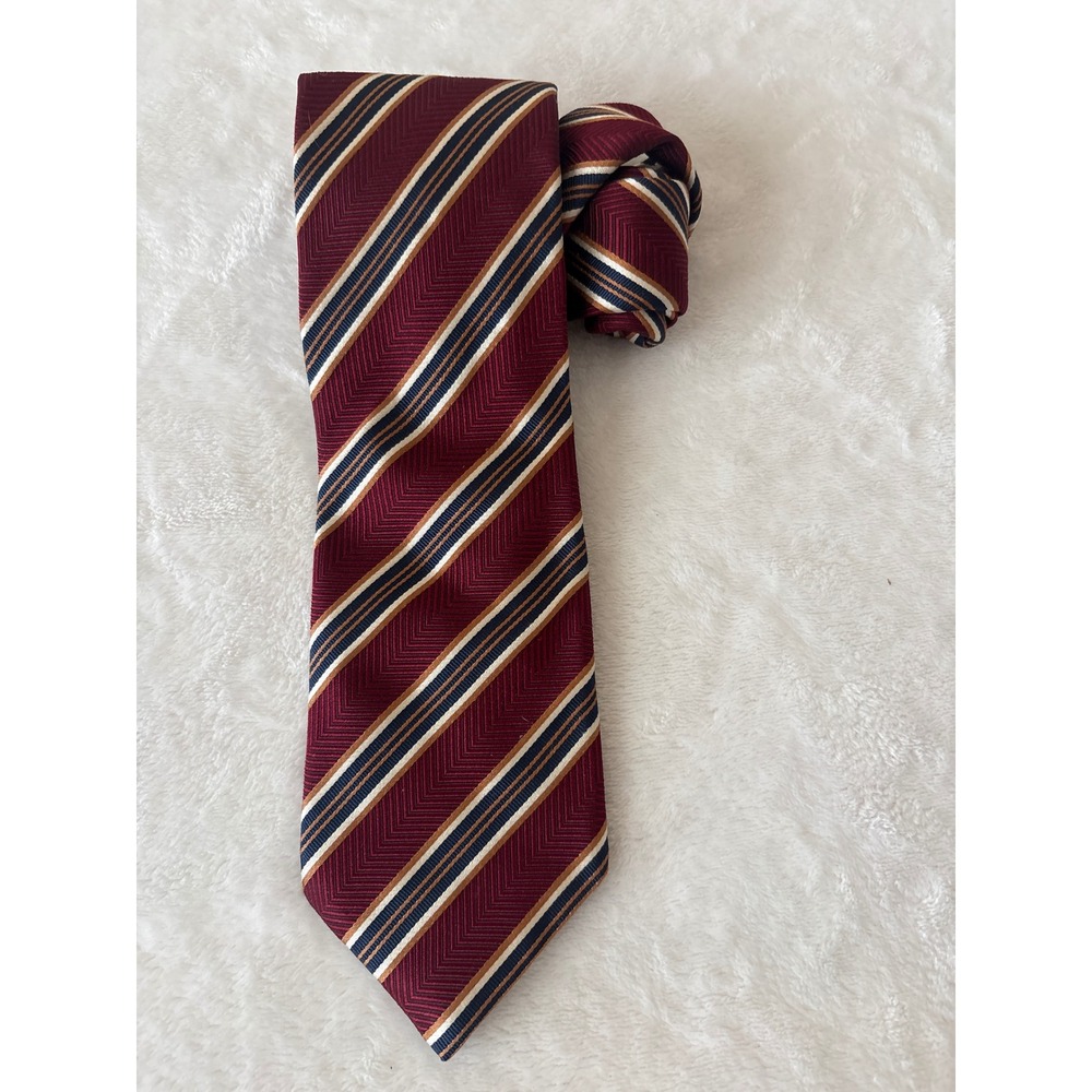 Canali Mens Silk Tie Burgundy Navy Gold Diagonal Stripe Chevron Made in Italy